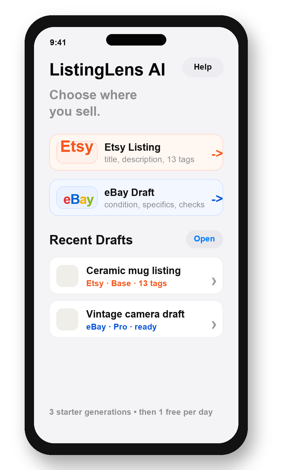 ListingLens marketplace cards and recent drafts